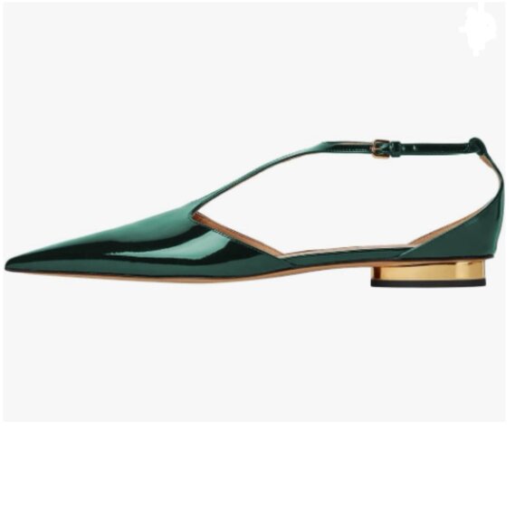 XYD Green Pointed Toe Sleek Low Heel Chunky Slender T-Strap with Buckle Shoes - Picture 1 of 8